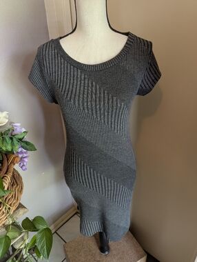 Papaya Gray Ribbed Knit Short Sleeve Bodycon Dress
